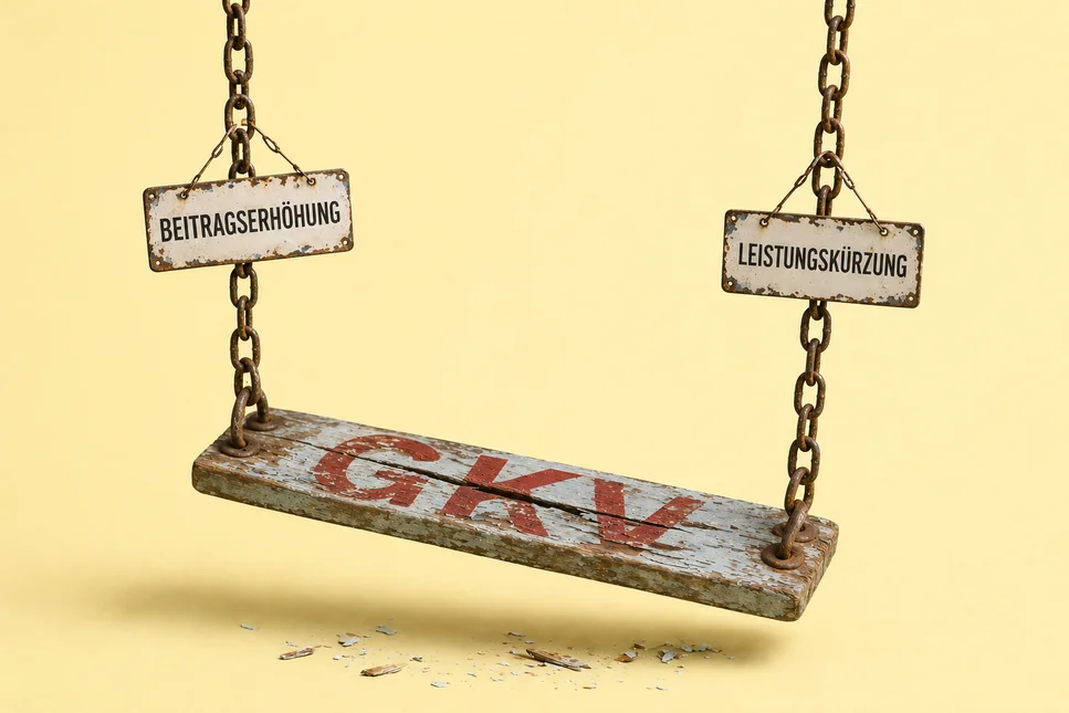 GKV-Reform 2026: Verwitterte Schaukel mit Schildern Beitragserhöhung und Leistungskürzung
